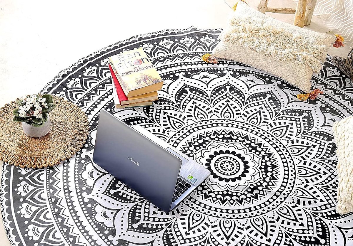 SnelShoppen - Rond Strandkleed Mandala Hippie Boho - 127cm Grijs Zwart Katoen Plaid - Yoga Mat Meditatie Picknick Dekentje - Perfect voor Tuin, Strand
