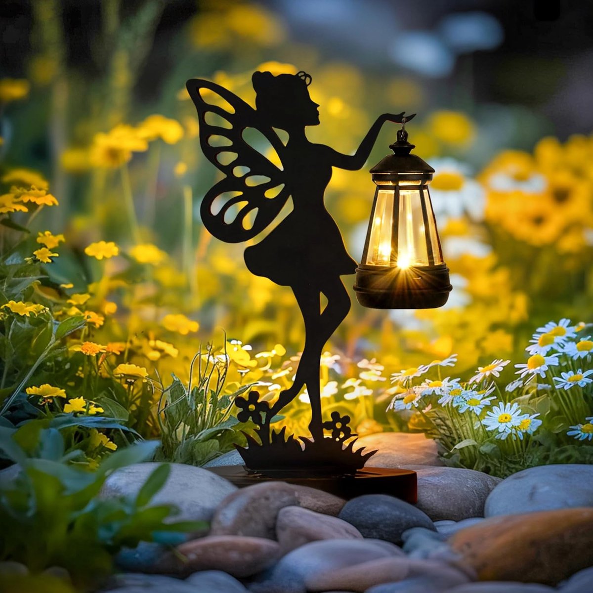SnelShoppen - Tuinbeeld Feë Beeldje met Solar Lamp - Uniek Decoratie Ornament voor Buiten - Waterdicht en Elegante Zwarte Kleur - Betoverende Tuinverl