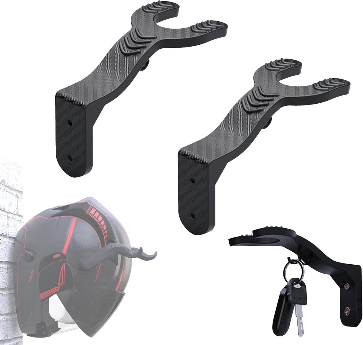 SnelShoppen - Helmet Holder voor Wand, Set van 2, Haak voor Motorhelm, Sleutelhanger, Zwart, Duurzaam ABS Materiaal, Ideaal voor Motorliefhebbers, Thu