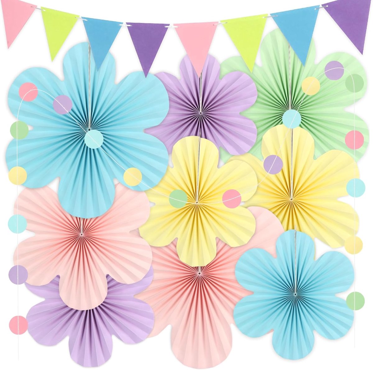 SnelShoppen - 9 Stuks Papieren Bloemen Decoratie met Wimpelketting - Knutselset voor Tuinfeest, Feestdagen en Kinderfeestjes - Hoogwaardig Karton - In
