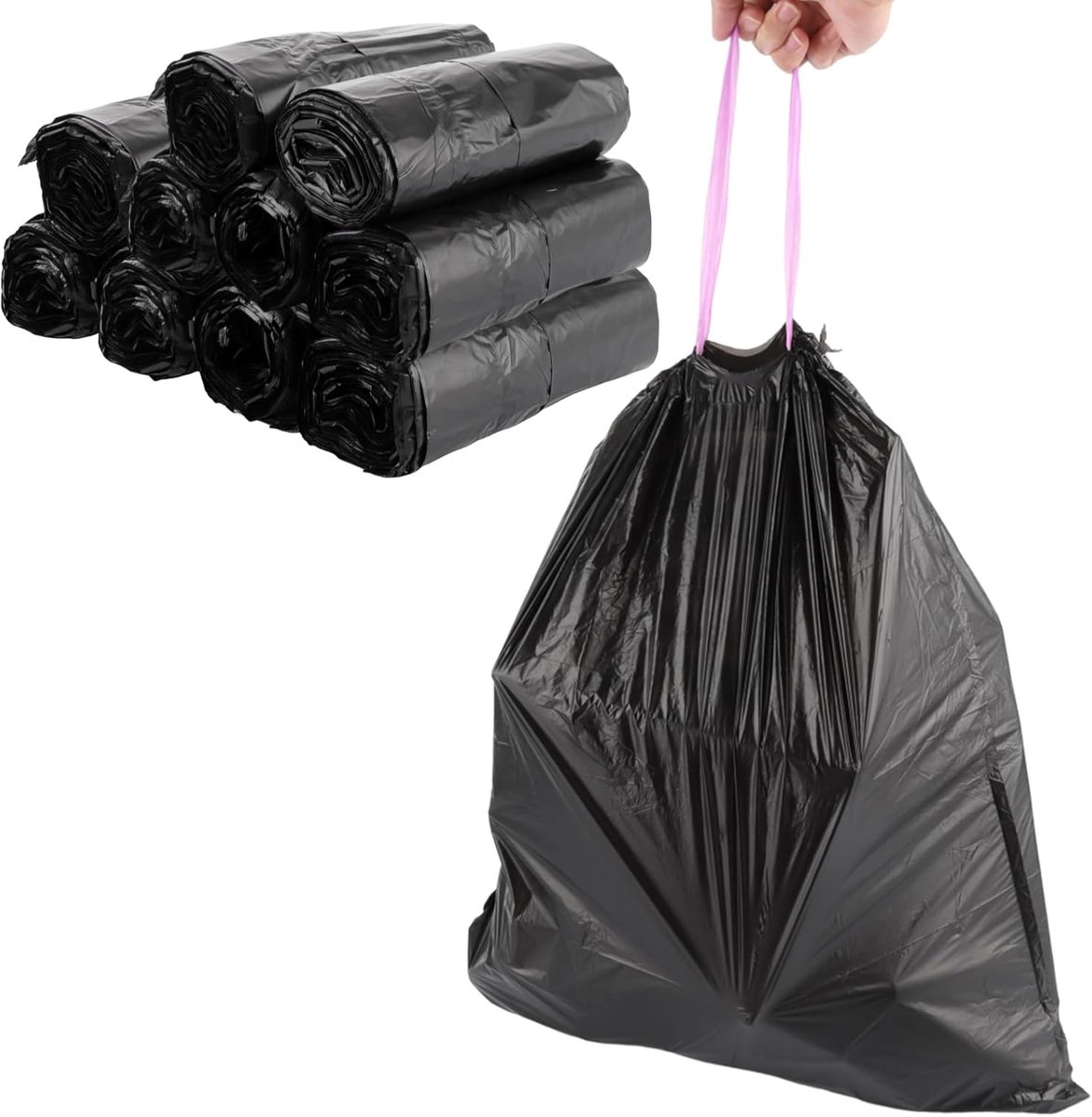 SnelShoppen - 200 Stuks 20 Liter Afvalzakken met Touwtje, 50 x 55 cm Sterke Vuilniszakken, 10 Rollen Afvalzakken met Handvat, Zwarte Afvalzakken voor
