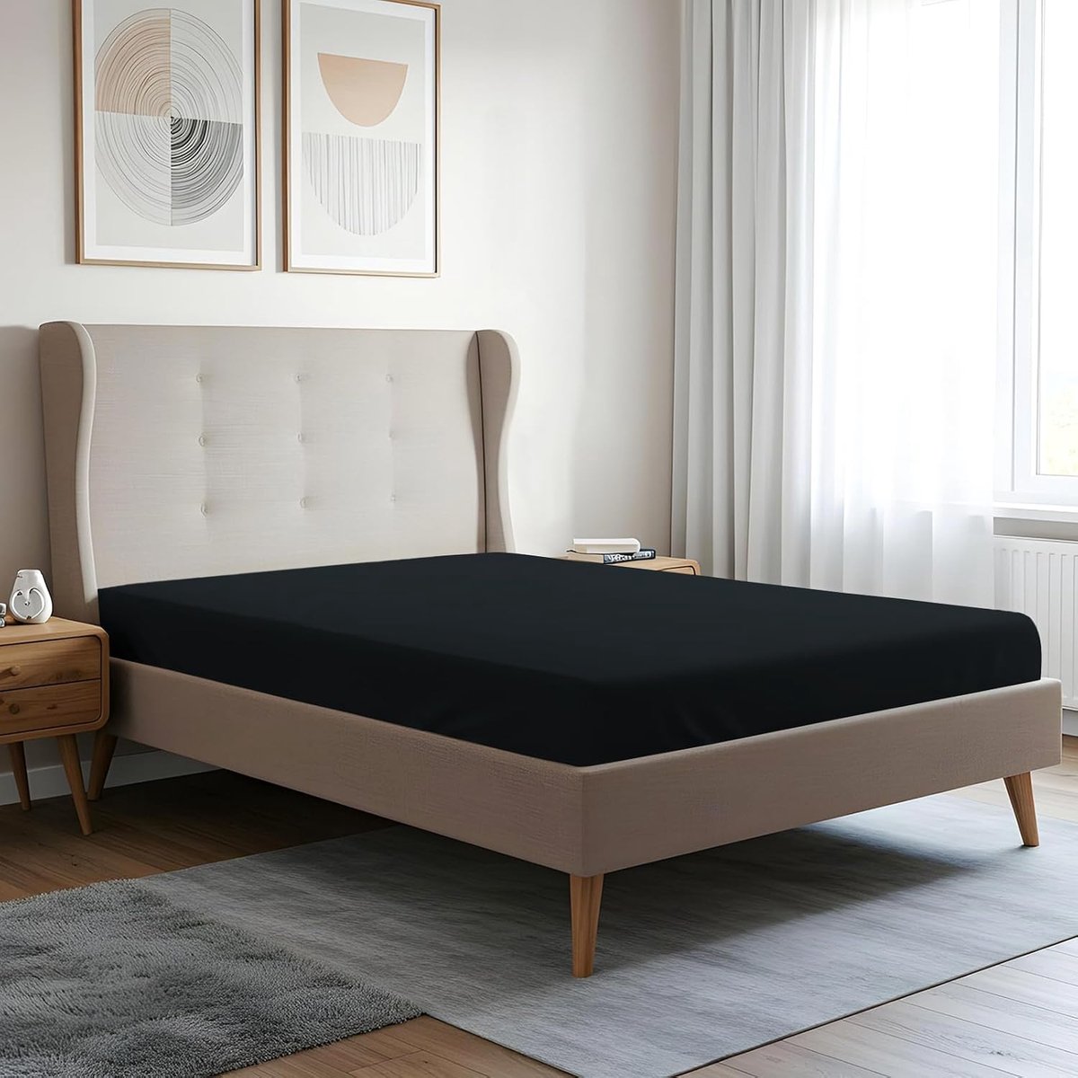 SnelShoppen - Fitted Sheet 160x200 cm Zwart - 100% Katoen 400 Draadcount - Ademend en Zacht - Geschikt voor Matrassen tot 40 cm - Perfect voor Slaapka