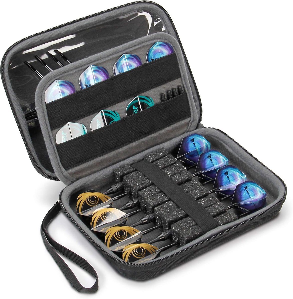 SnelShoppen - Dart Case Hard Shell Dart Houder voor 8 Darts en Accessoires, Inclusief 16 Flights, Zwart, Ideaal voor Thuis en Toernooien