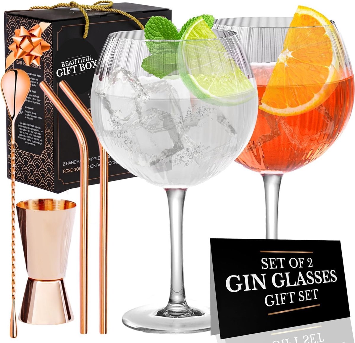 SnelShoppen - Rippled Gin Tonic Glazen Set | 2 Handmade Gin Cocktail Glazen met Roze Gouden Lepel, Spirit Maat en Gietstopper, 2 Metalen Rietjes & Rec