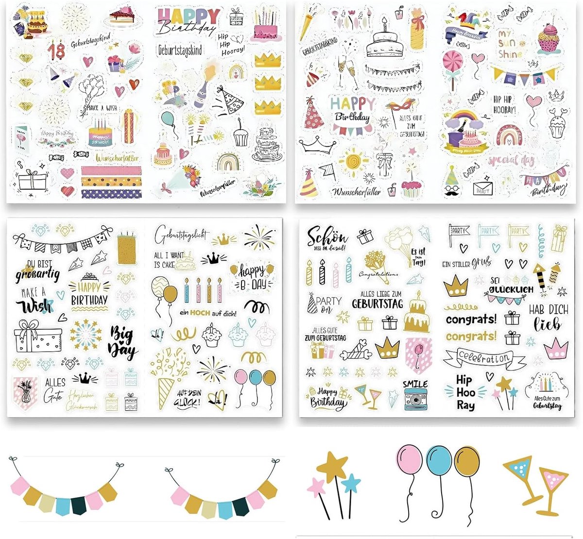 SnelShoppen - Birthday Sticker Set - 4 Zelfklevende Stickers voor Verjaardag - Happy Birthday Stickers voor DIY Kaarten, Geschenken, Gastenboek, Foto-