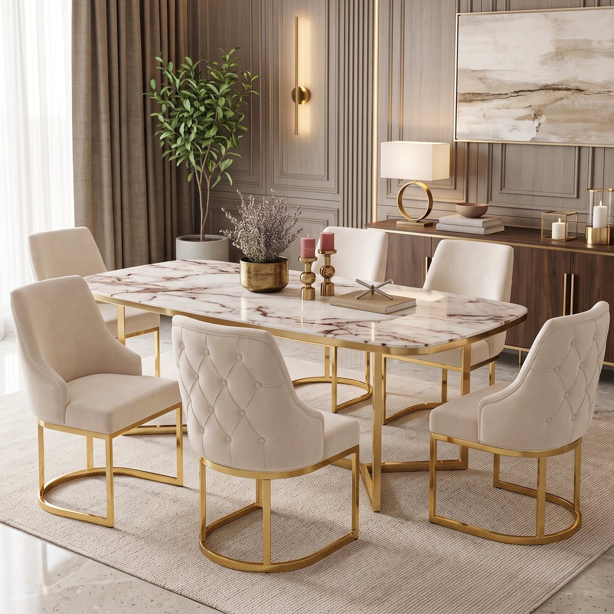 Pugsdrly 6 eetkamerstoelen, comfortabel en ademend, geschikt voor restaurants, woonkamers, cafés en andere locaties, moderne stijl, goudkleurig gegalvaniseerde stoelpoten, fluweel, beige + goud，Zonder tafel