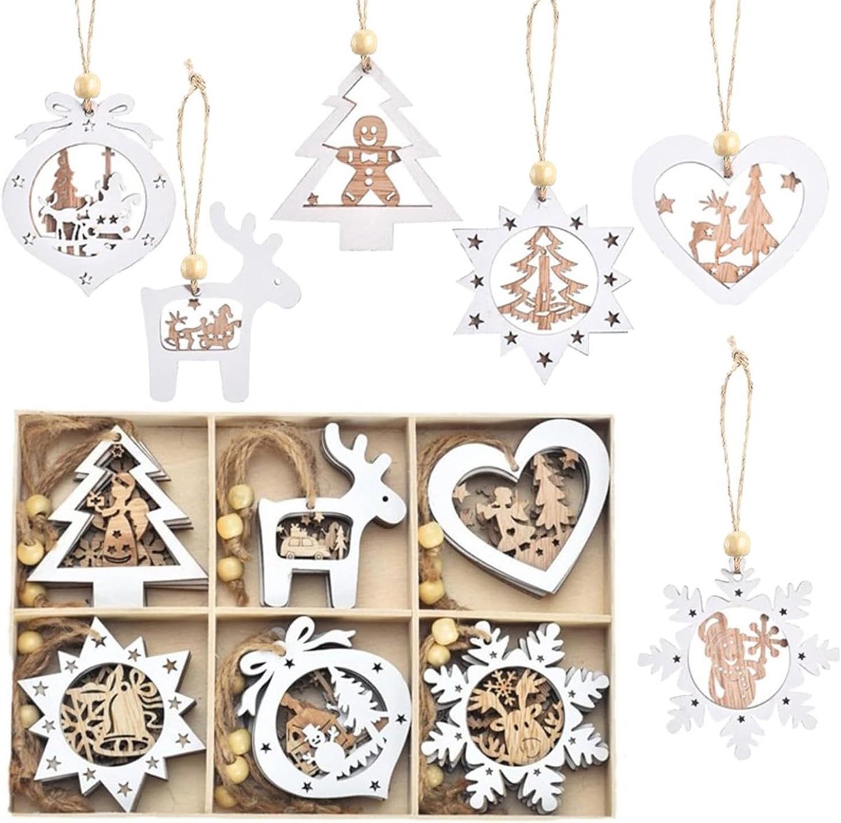 24 Stuks Houten Kerstdecoratie Hanger voor de Kerstboom - DIY Houten Ornamenten en Versieringen