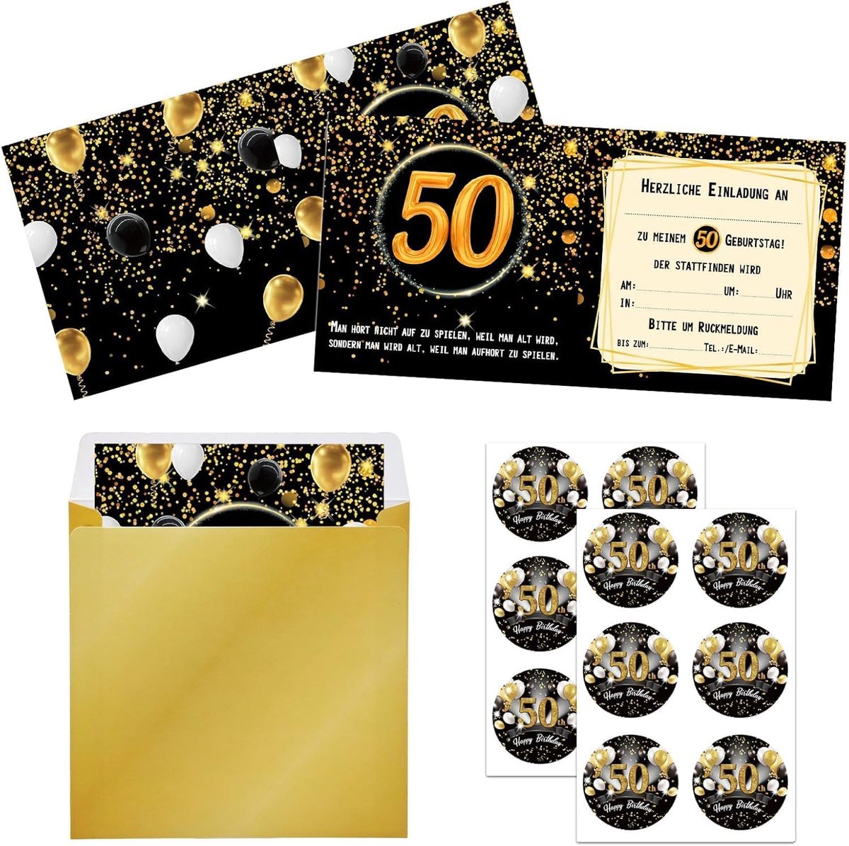 SnelShoppen - 12 Uitnodigingskaarten 50e Verjaardag met Enveloppen en Stickers | Luxe Zwart-Gouden Kaarten voor Feestelijke Gelegenheden | Uitnodiging