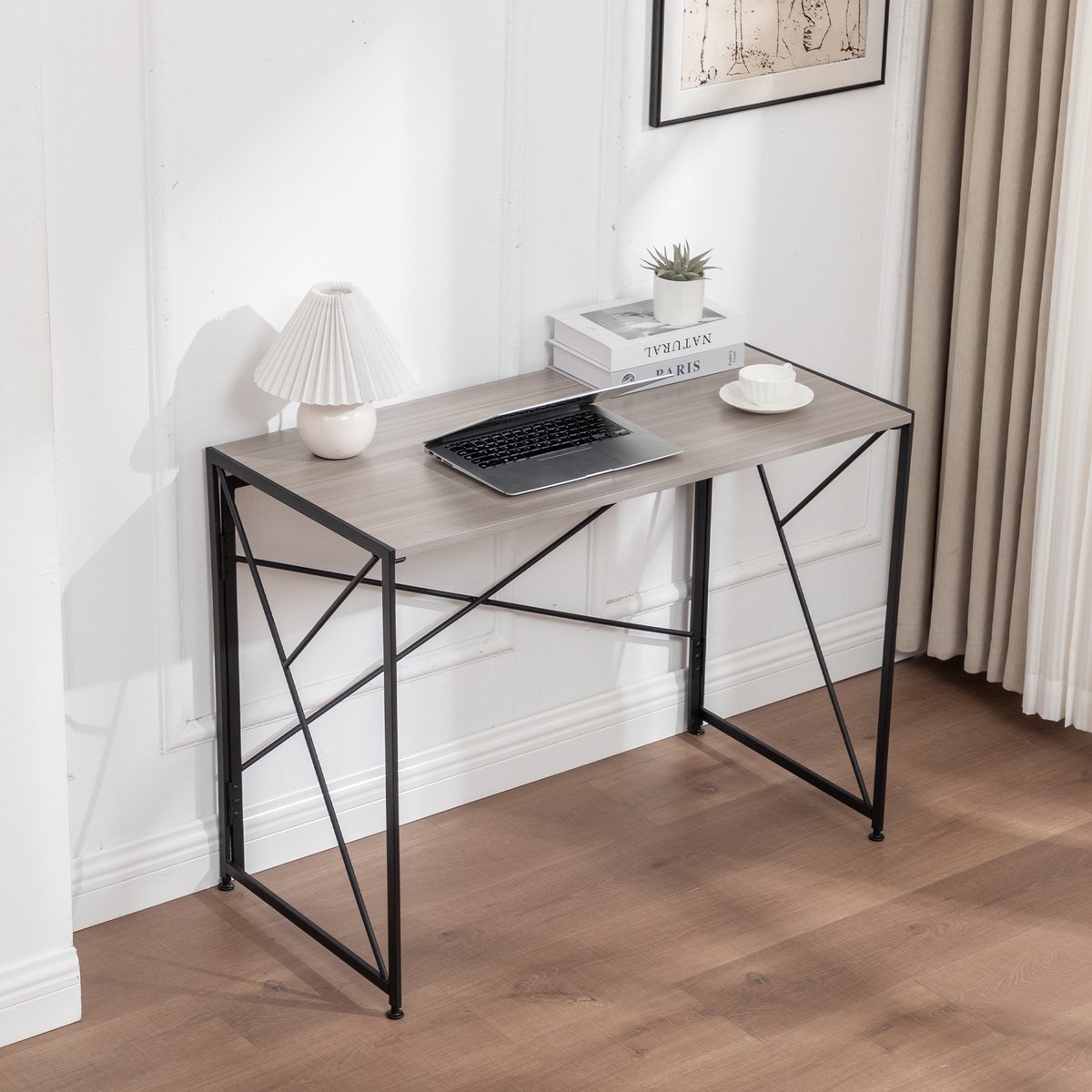 MODENUIT Bureau - Opvouwbaar Bureau Voor Kleine Ruimtes - MDF En Metaal - Naturel/Zwart - 99x50x75 Cm