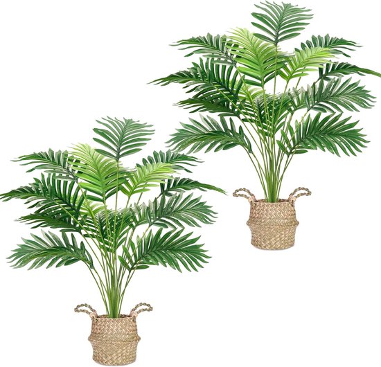 2 Stuks Nep Palmboom 28 Inch Grote Nep Potted Areca Palm Plant met Handgeweven Mand voor Binnen Buiten Decoratie van Huis, Kantoor, Balkon en Slaapkamer