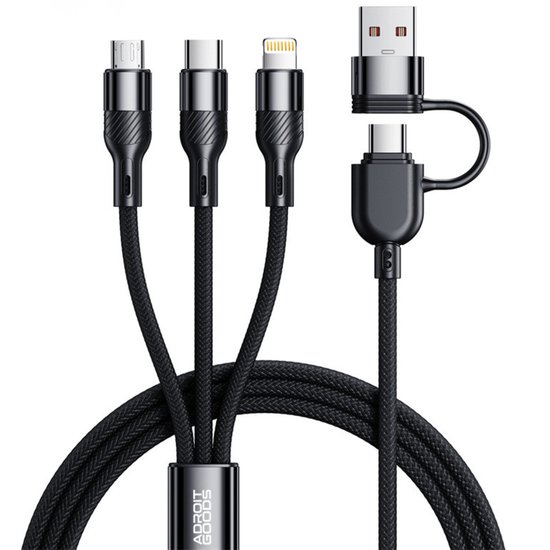 Zwarte 3-in-1 kabel met USB-A naar USB-C adapter, Micro-USB en Lightning-connectoren.