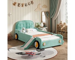 Kinderbed 90x200 cm - Autobed Met Glijbaan en Trap - Zonder Matras - Met Valbeveiliging en Zachte Bekleding - Stof en Hout - Blauwgroen