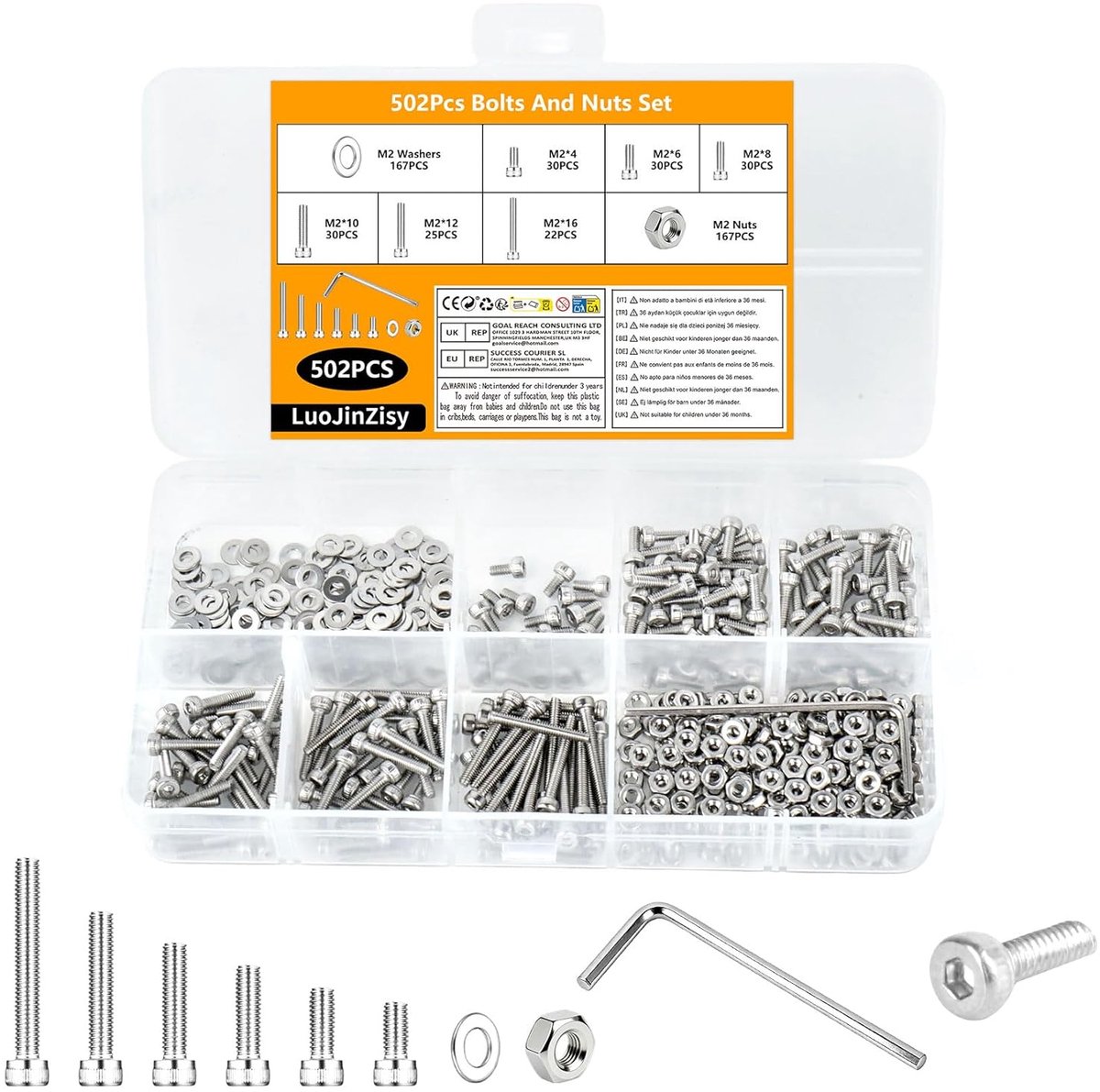 SnelShoppen - 502pcs M2 Schroeven, Imbus Schroeven en Moeren met Ringen, RVS Hex Socket Schroeven Assortiment voor Klussen en Creatieve Projecten