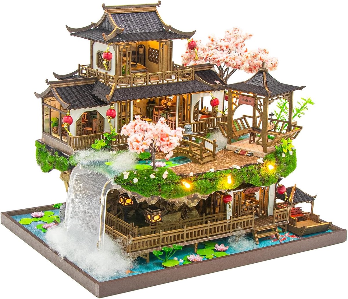 SnelShoppen - Spilay Miniatuur Huis DIY Hout met LED Verlichting, 3D Houten Puzzel voor Volwassenen, Steampunk Miniatuur Stad met Vintage Trein, Creat