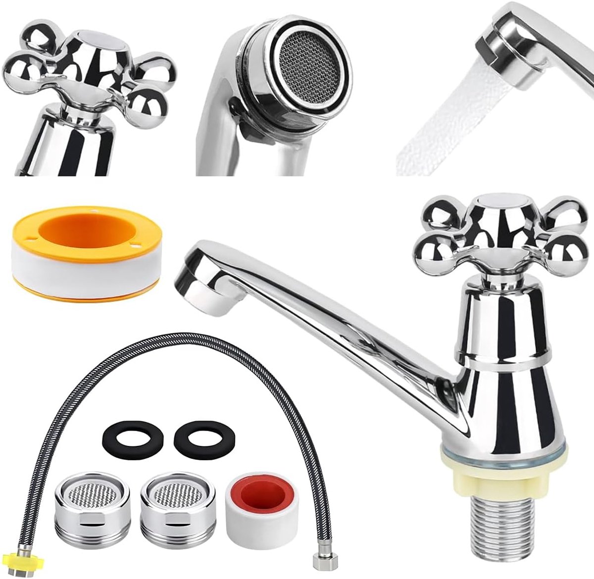 SnelShoppen - Koudwaterkraan voor Badkamer, Keuken en Gootsteen, Enkele Koudwaterkraan met Filter en Aansluitslang, Duurzaam en Corrosiebestendig, Hoo