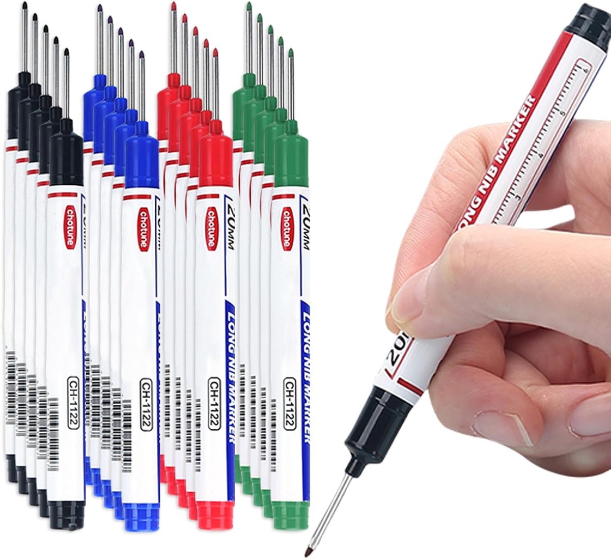 SnelShoppen - 20 Stuks Diepe Gaten Markers - Permanente Markers met Extra Lange Punt - Geschikt voor Karton, Glas, Hout, Muren, Beton - Kleurset Zwart