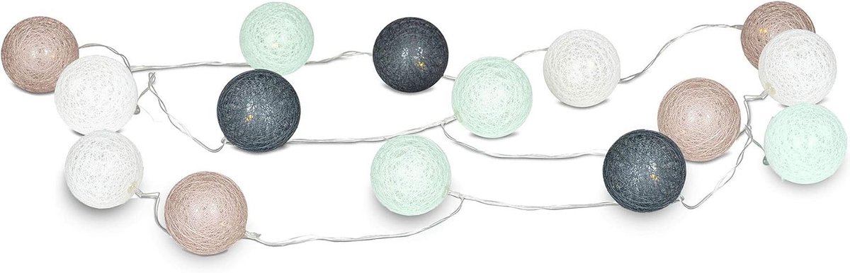 SnelShoppen - Fairy Lights 15 LED Bollen, Katoen, Mint Groen, Bruin, Wit - 2.8m Lange Sfeerverlichting voor Feest, Tuin, Binnen, Camping