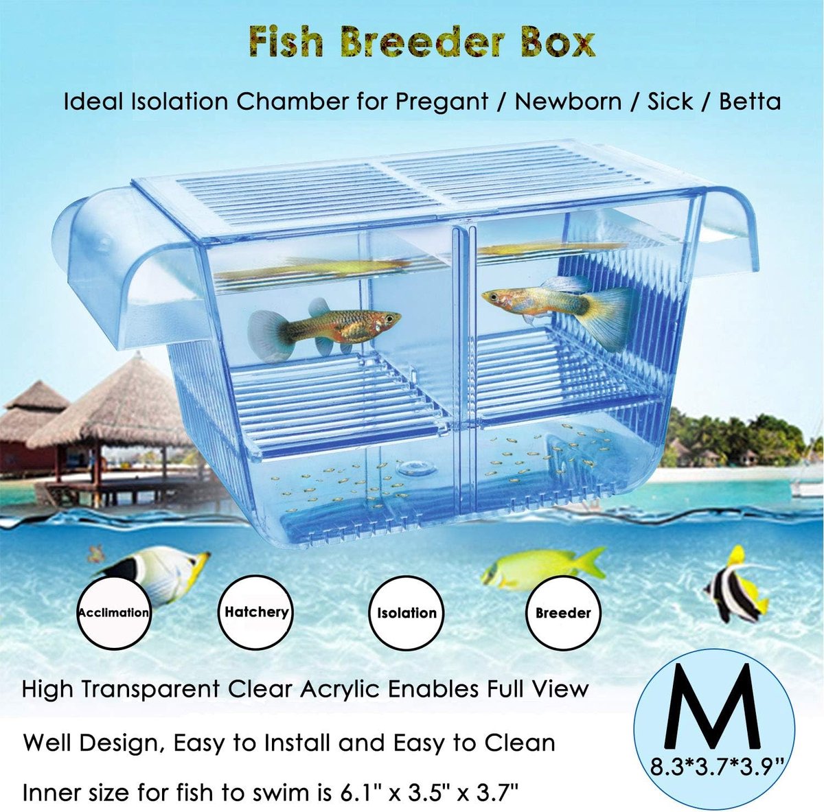 SnelShoppen - Fish Cultivation Box, Aquarist Incubator voor Zwangere, Gewonde en Aggressieve Vissen, Metalen Haken, 15x9x9 cm, Kristal Acryl, Voor Kle