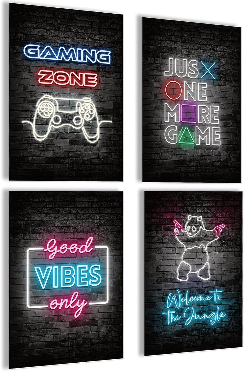 SnelShoppen - Mojoliving Gamers Wandposter Set Neon Sign Motieven - Coole Wanddecoratie voor Jongeren - Hoogwaardige Art Prints voor Gaming Room - 4 S