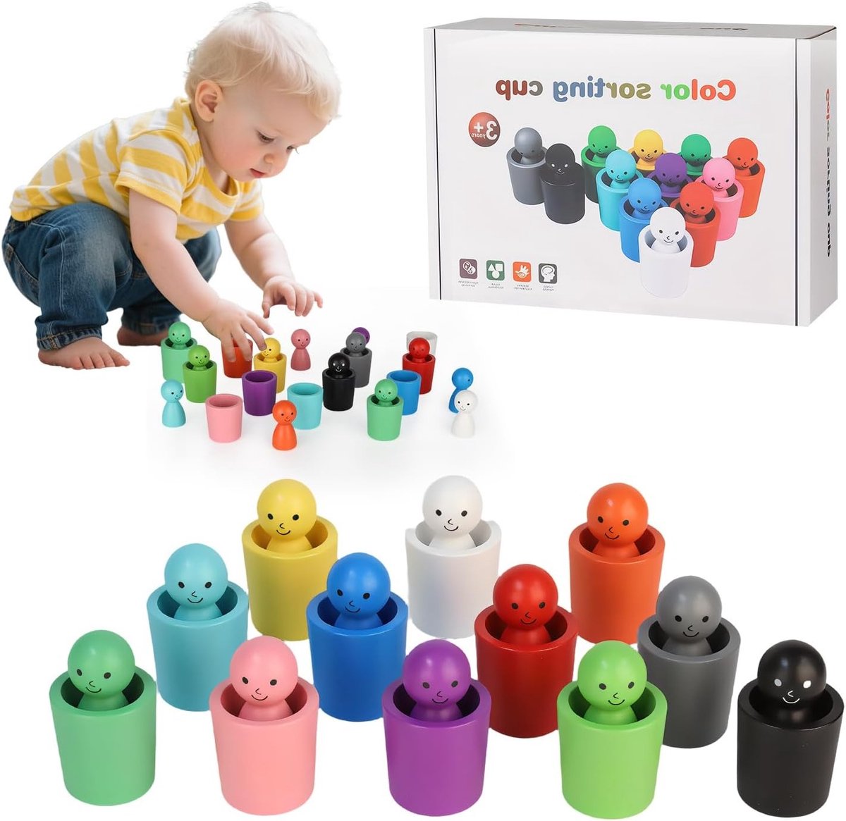 Kleurensorteerspeelgoed voor Kinderen - Stapelblokjes en Kleurensorteerbekers, Educatief Houtenspeelgoed voor Creatieve Ontwikkeling en Kleurherkenning