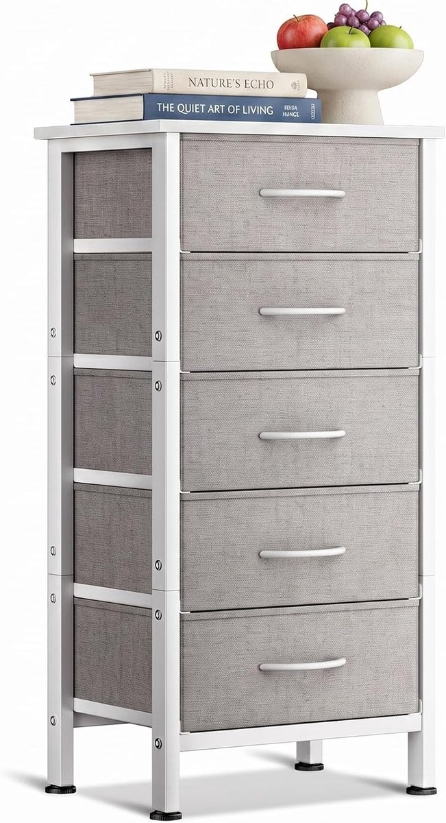 SnelShoppen - Hoge Ladeskast voor Slaapkamer Volwassenen met 5 Lades, Stevig Stalen Frame en Houten Bak, Ideaal voor Kleine Slaapkamers in Lichtgrijs