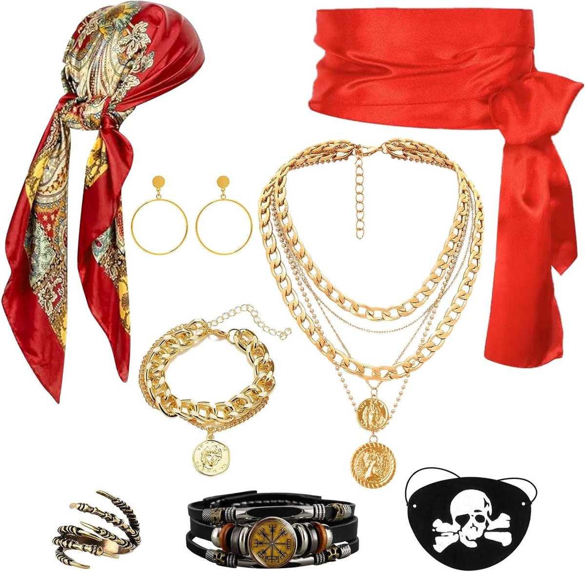 Set van 8 Piratenaccessoires voor Vrouwen met Hoofddoek, Rode Heupdoek, Ooglap, Oorbellen, Ketting en Armbanden voor Carnaval en Cosplay