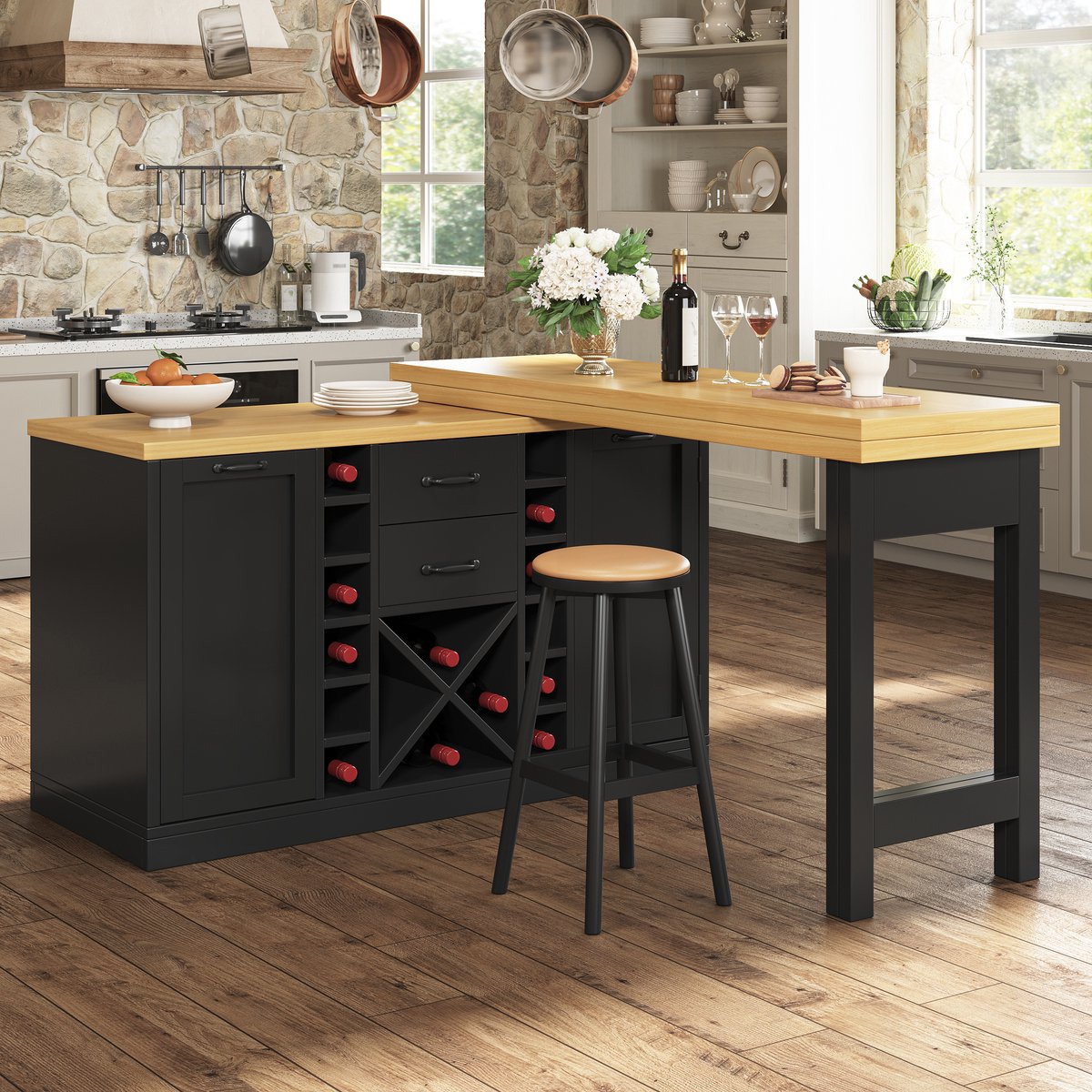STILVORA Eettafel - 360 Graden Draaibaar En Uitschuifbaar Met Opbergruimte - Keukeneiland Voor Keuken En Eethoek - MDF Metaal - 223x40x73,8 Cm - Zwart