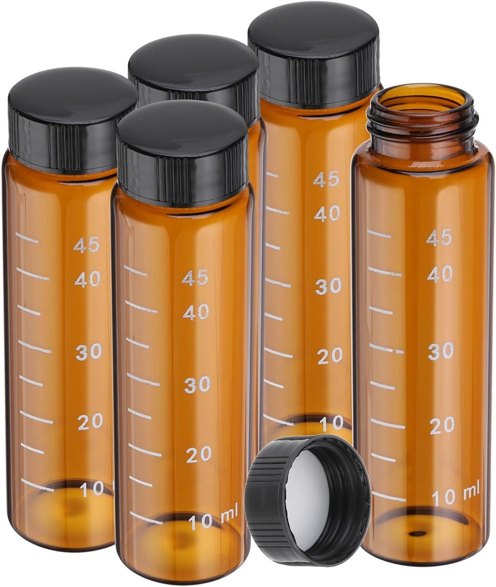 SnelShoppen - 5x 50ml Amber Glas Vialen met Zwarte Schroefdop - Mini Lekvrije Flesjes - Borosilicaat Glas - Perfect voor Opslag van Reagentia, Keuken