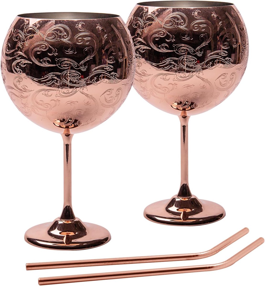 SnelShoppen - Gin Glass Set - Luxe RVS Cocktail Wijn Glazen - Set van 2 - 680 ml - Roze Goud - Voor Feest, Tuin, Camping en Thuis - Inclusief Rietjes