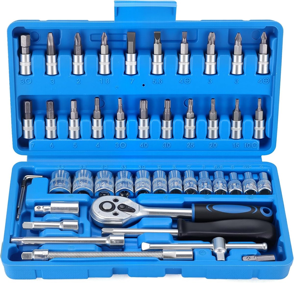 SnelShoppen - 46 Stuks Dopsleutel Set, Ratchet Socket Set, Metrische Dopsleutel Gereedschap Kit, Hoogwaardig Chroom-Vanadiumstaal, Schroevendraaier Bi