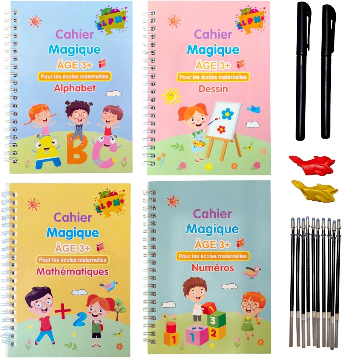SnelShoppen - Set van 4 Herbruikbare Magische Schriften voor Kinderen | Wiskundig Alfabet, Tekenen, Nummers | Inclusief 2 Pennen en 10 Navullingen | E