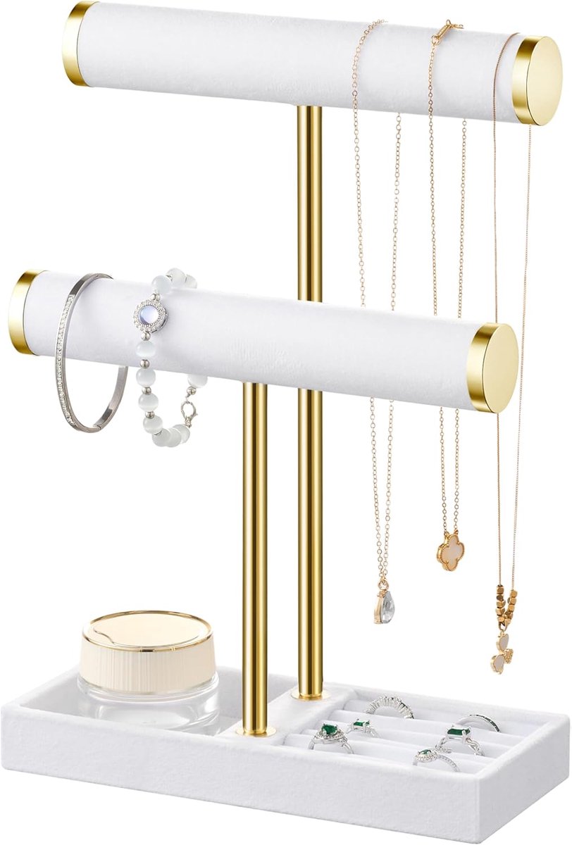 SnelShoppen - Organisateur de Bijoux 2 Levels - Wit Verwijderbare T-Shaped Sieradenhouder - Fluwelen Armbandhouder voor Armbanden, Halskettingen, Horl