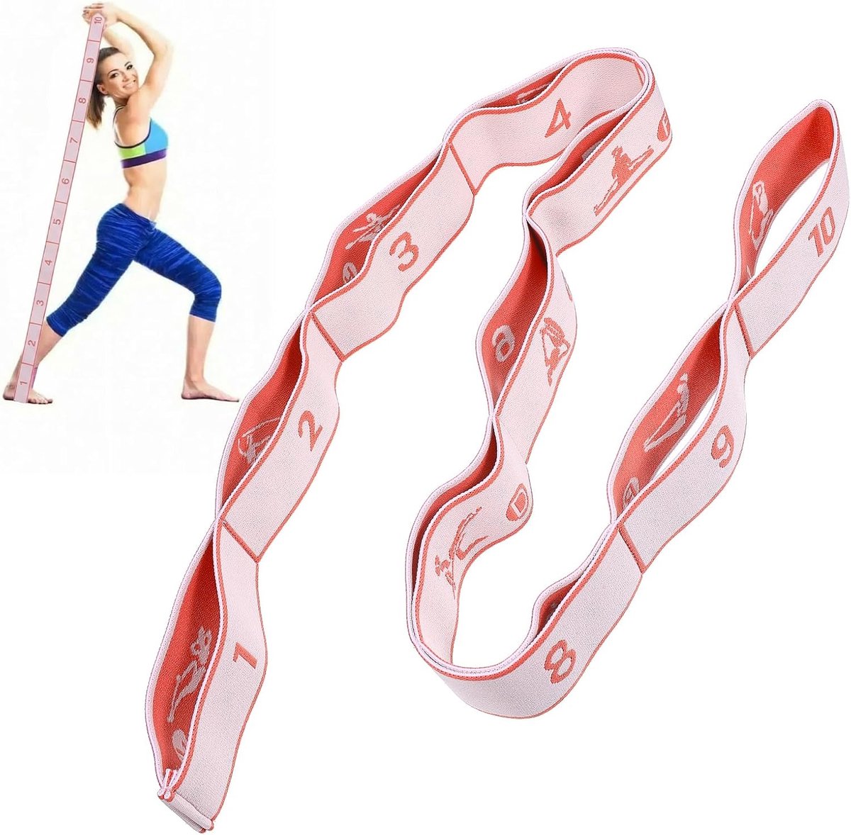 Thijox - Yoga Stretchband met 10 Lussen - Roze Elastische Yoga Stretchriem - Fitnessbanden voor Pilates, Dansen en Gymnastiek - Duurzaam Materiaal van