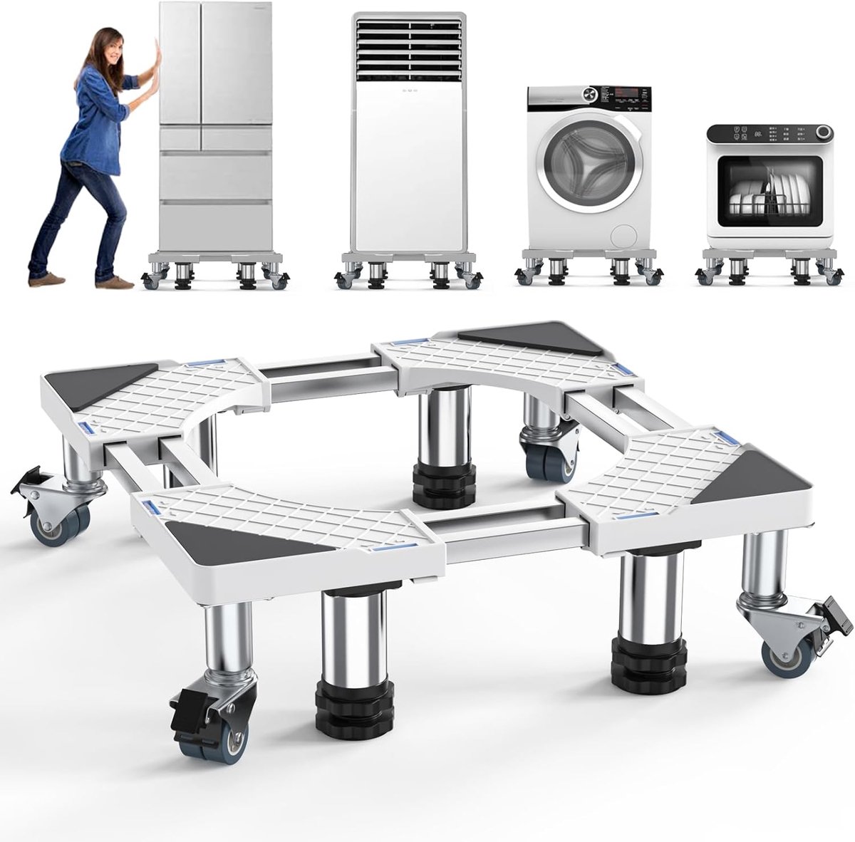 SnelShoppen - Wasmachine Pedestal Basis met 4 Poten en 4 Wielen, Verstelbaar 54,5-67 cm, RVS en ABS, Tot 500 kg Draagvermogen, Ideaal voor Wasmachine,
