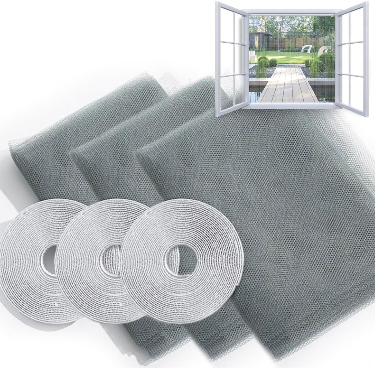 SnelShoppen - Vliegenraam voor Ramen, Insectenbescherming, Geen Boren, Met Klittenband, Zelfklevend, Grijs, 1.5 x 2 m, Set van 3