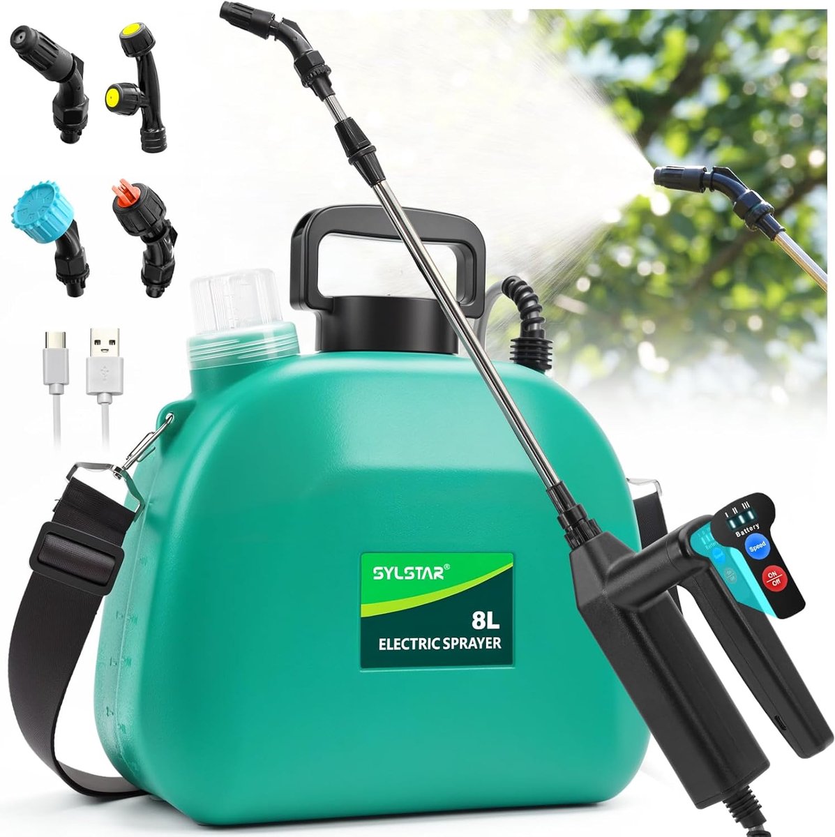 SnelShoppen - Druksproeier 8L, Accu Plantensproeier met 3 Sproeisnelheden en 4 Verstelbare Sproeiers, 60 cm Telescoopstaaf in Groen voor Tuin en Onkru