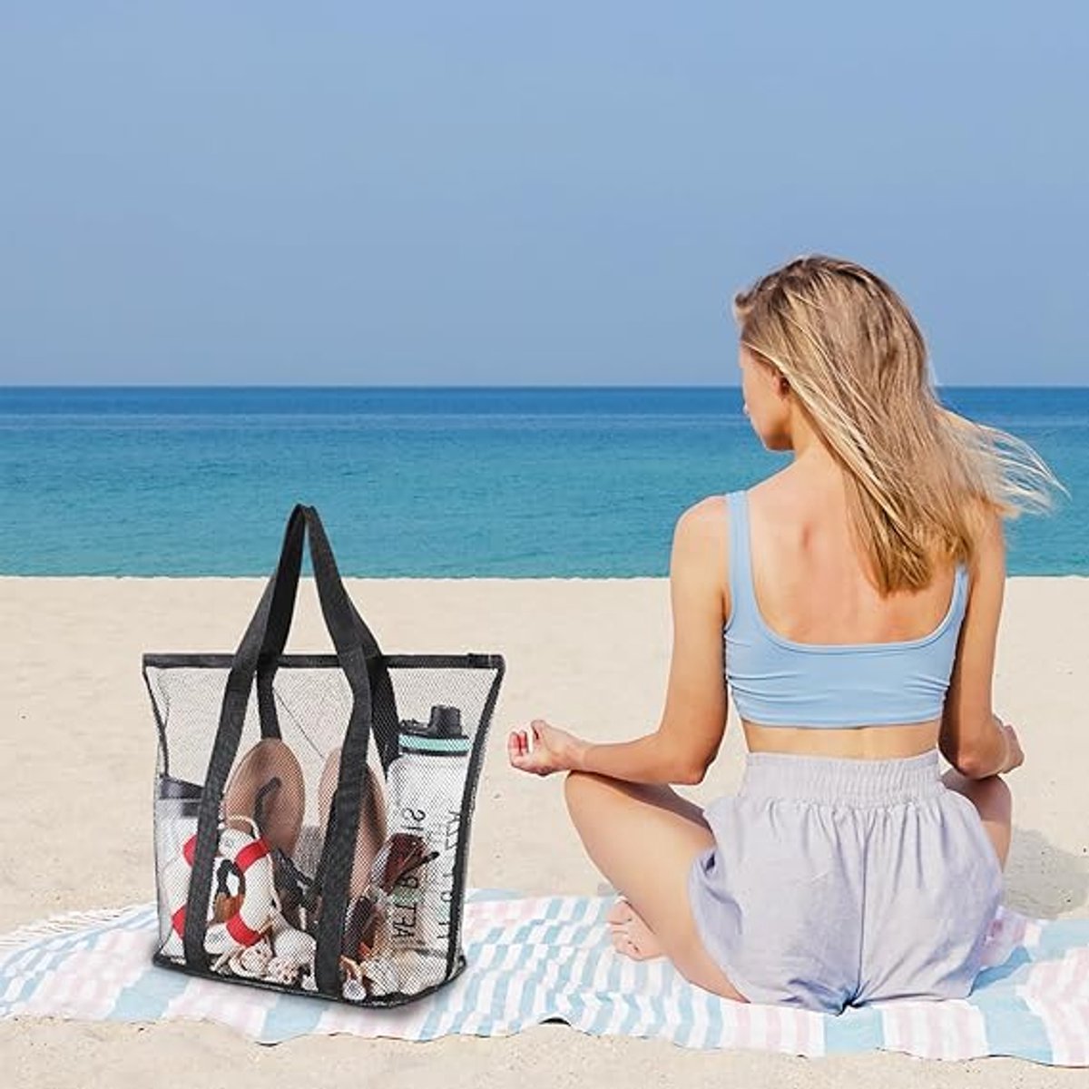 Grote, opvouwbare strandtas van gaas met ritssluiting – waterbestendig, voor strandspeelgoed, zwembad en vakantie