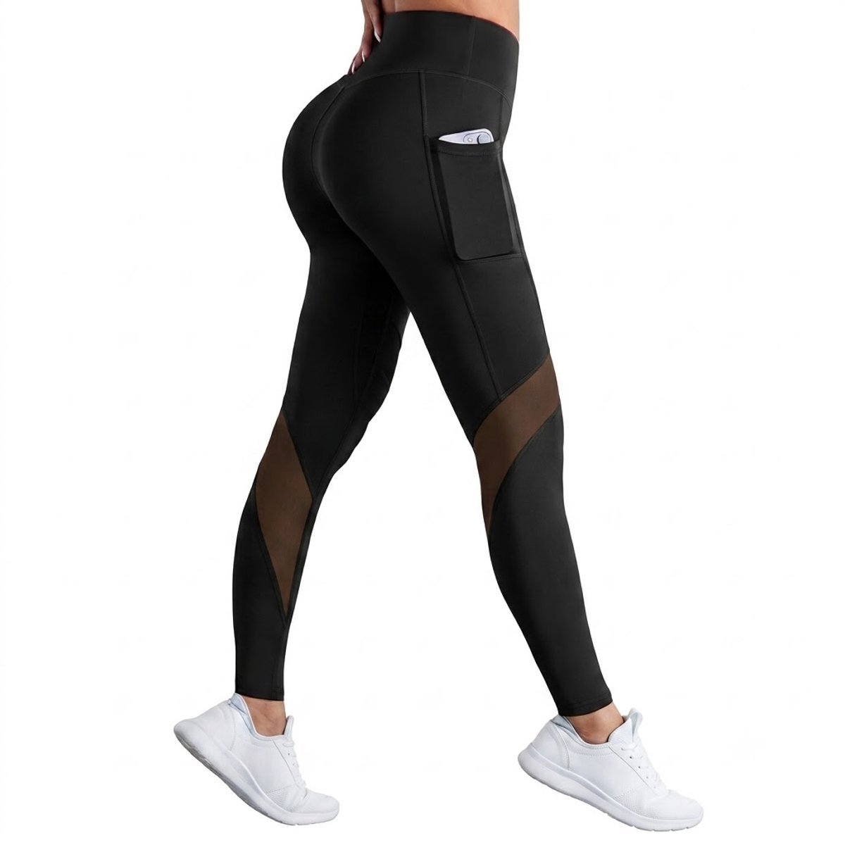 Zwarte yoga legging dames hoge taille sport legging compressie pilates legging butt lifting mesh panelen zijzak telefoonvak fitness legging elastische lange sportbroek M