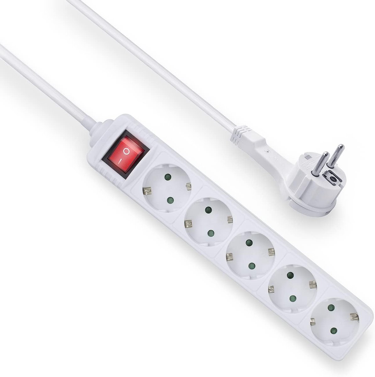 SnelShoppen - Power Strip 5-gang met Platte Stekker 1.5m, Kindveilig, Met Schakelaar en 45° Hoekstopcontacten, Ideaal voor Thuis en Kantoor