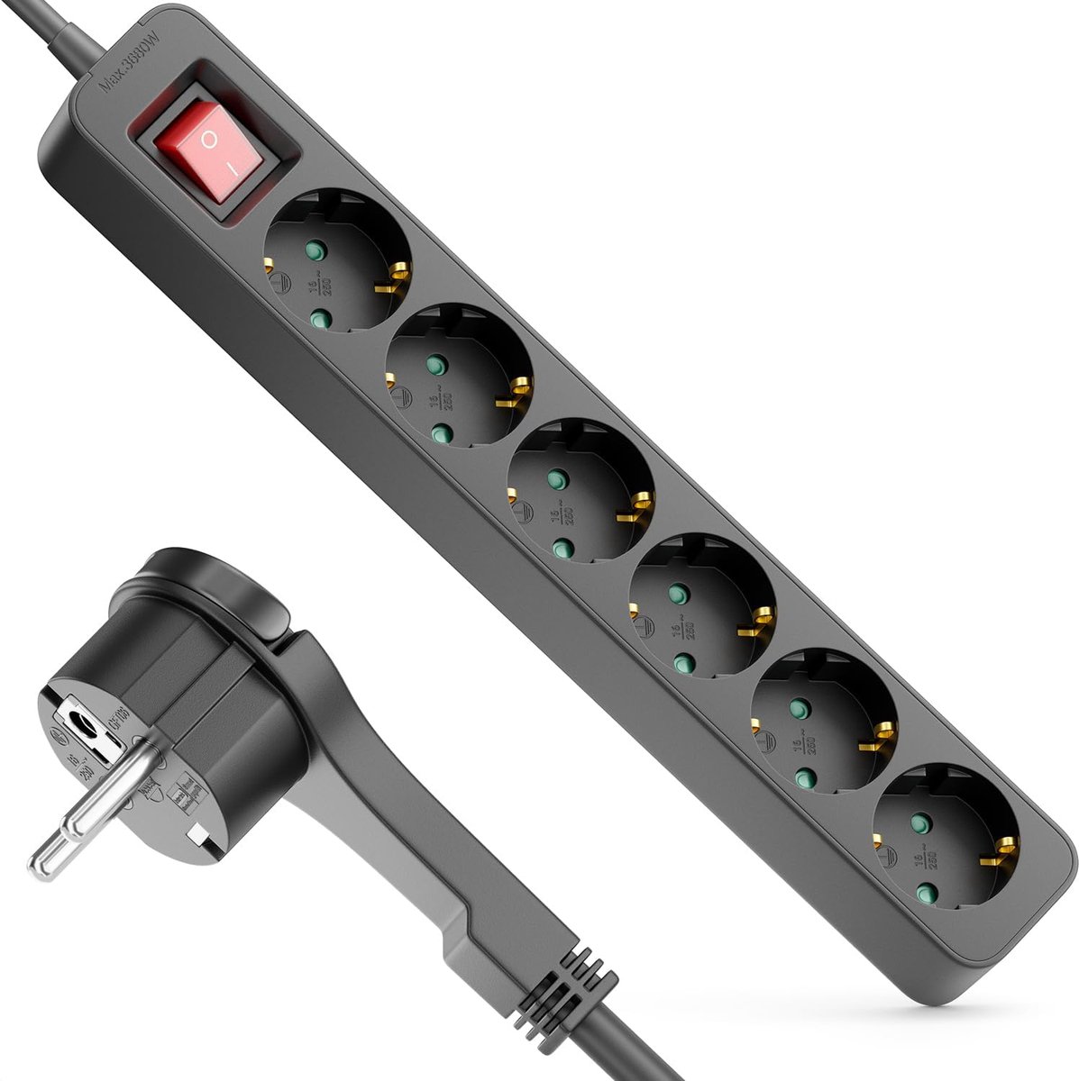 SnelShoppen - 6-Weg Stroomstrip met Platte Stekker - 5m Kabel - Met Aan/Uit Schakelaar - Ideaal voor Achter Meubels, Meerdere Apparaten - 3680W 16A -