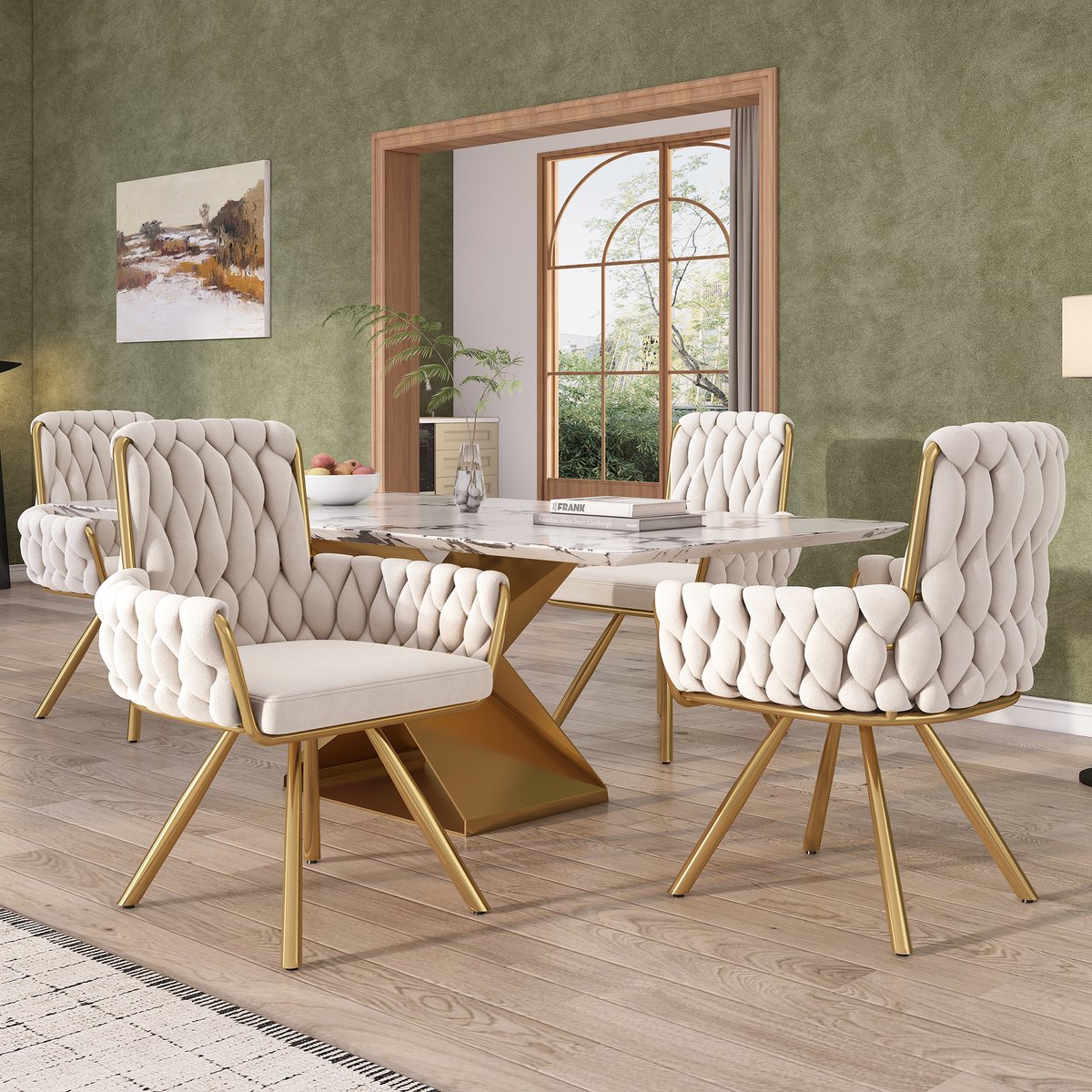 Fluwelen eetkamerstoel - Set Van 4 - Stoel, Eettafelstoel, Stoelenset, Fauteuil, Draaistoel, Relaxstoel met 4 metalen steunpoten - Beige