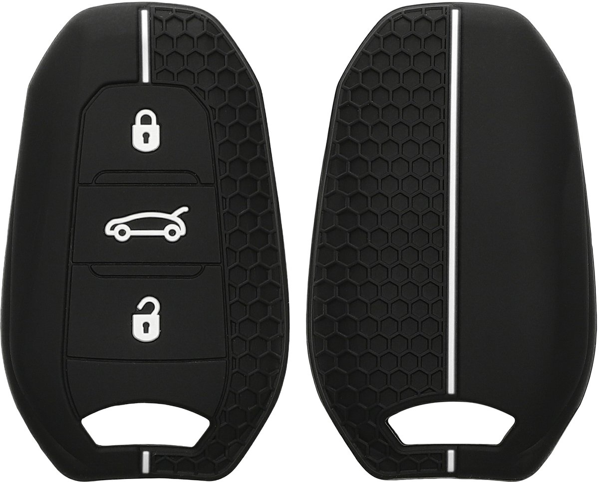 kwmobile autosleutel hoesje geschikt voor Peugeot Citroen 3-knops Smartkey autosleutel (alleen Keyless Go) hoes - Siliconen autosleutel behuizing - Auto sleutel case met honingraat - Sleuteletui in zwart / wit