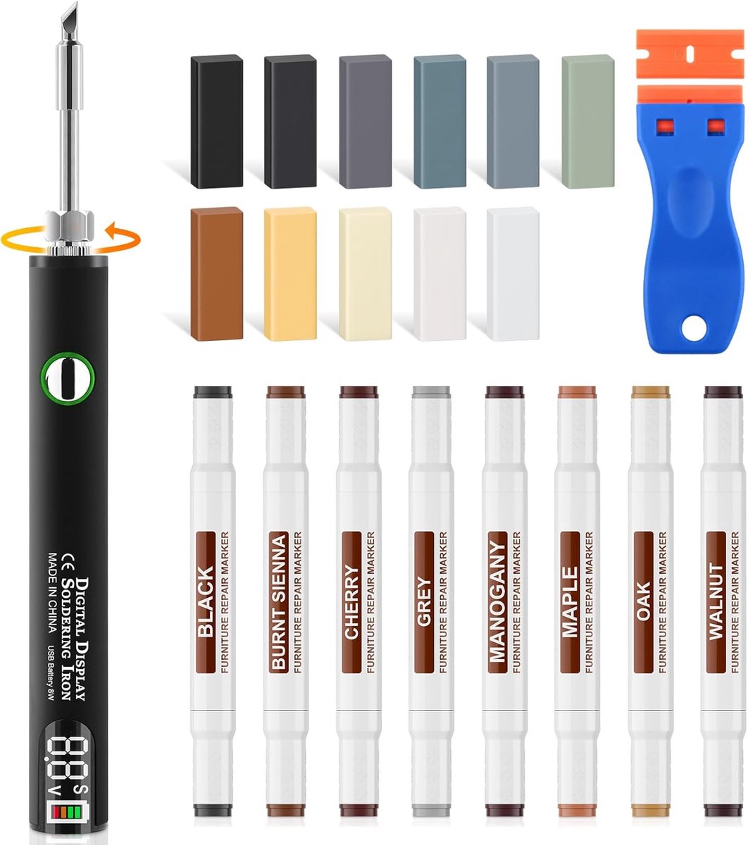 SnelShoppen - Vinyl Vloer Reparatie Kit - Laminaat, Parket, Hout - 11 Wasblokken, 8 Dubbele Punten Markers, Upgrade USB Verwarmingspen - Voor Vloeren