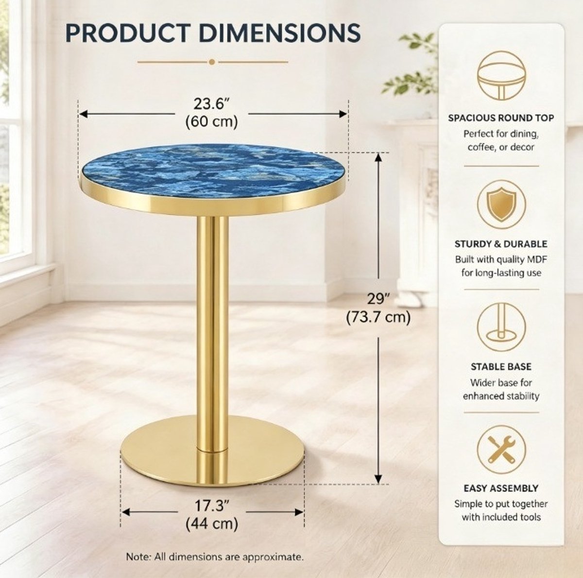 HAUSS SPOLE Bijzettafel - Rond Design Met Marmerlook En Gouden Rand - Voor Woonkamer Slaapkamer En Balkon - MDF Metaal - 60 x 73,7 Cm - Blauw