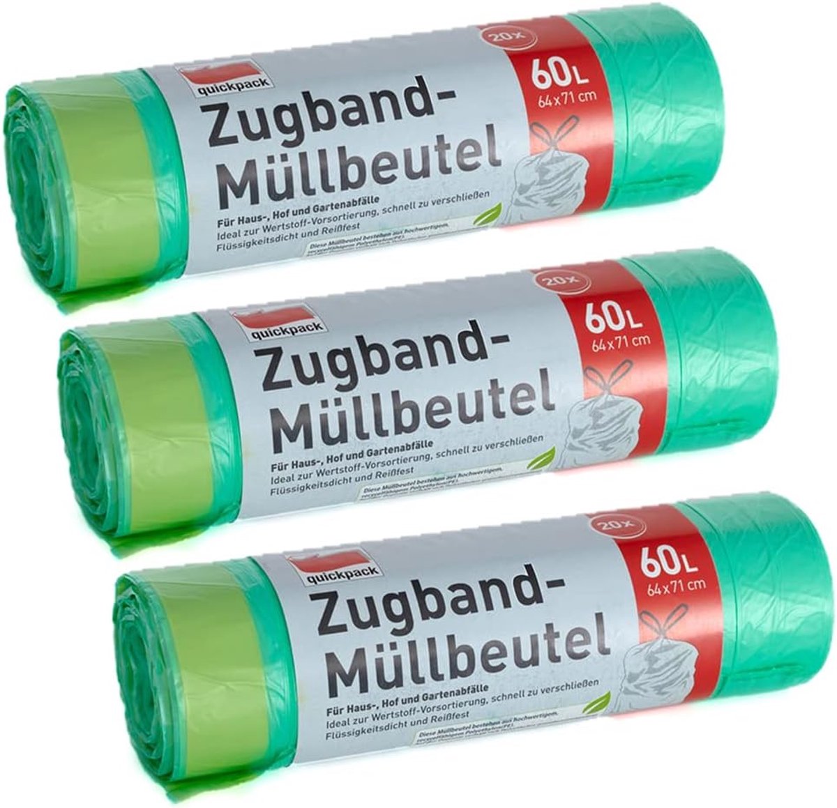 SnelShoppen - 60L Groene Plastic Afvalzakken 3-Pack - Scheurvaste Afvalzakken met Trekkoord - Ideaal voor Huishouden, Tuin, Keuken en Feesten