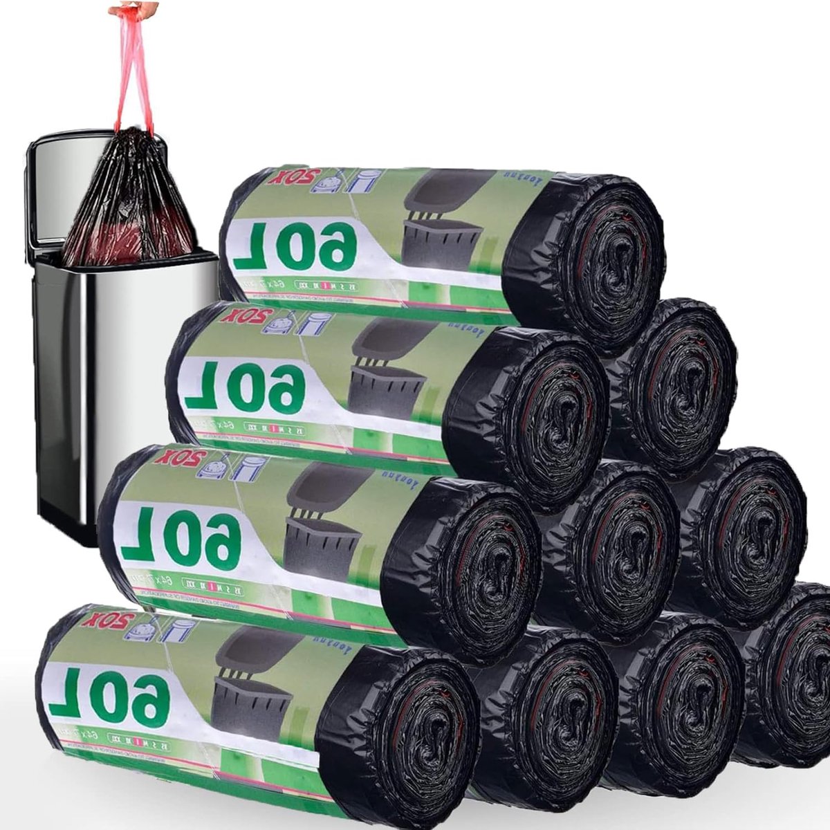 SnelShoppen - 200 Stuks Vuilniszakken 60 Liter Trekband 64x71cm Zwart | Sterke Afvalzakken met Handgreep voor Keuken, Huishouden, Tuin en Verhuizing