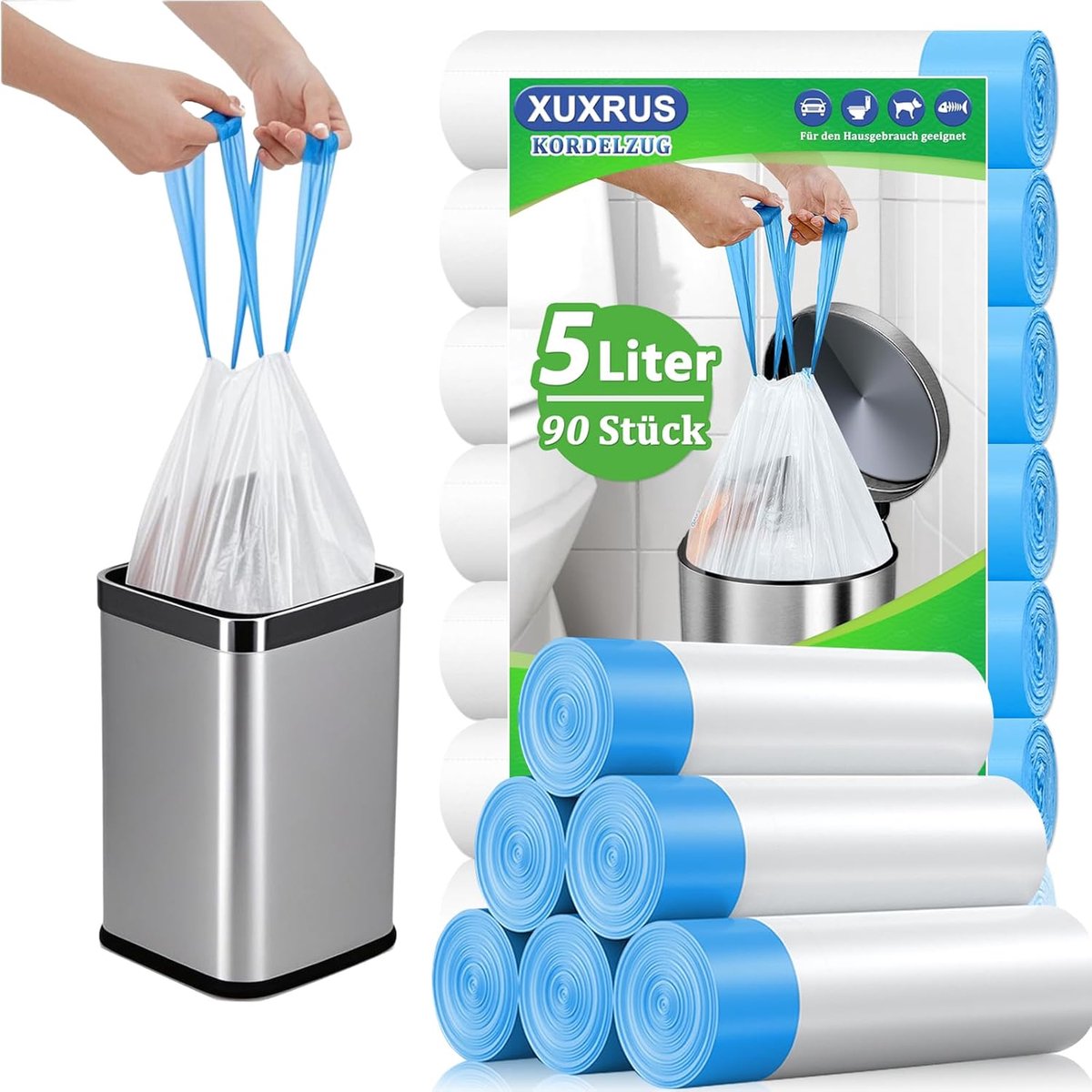 SnelShoppen - Afvalzakken 5L met trekkoord - 90 Stuks - Witte Prullenbakzakken - Sterke Plastic Zakjes voor 3-6L Kleinere Vuilnisbakken - Keuken, Tuin
