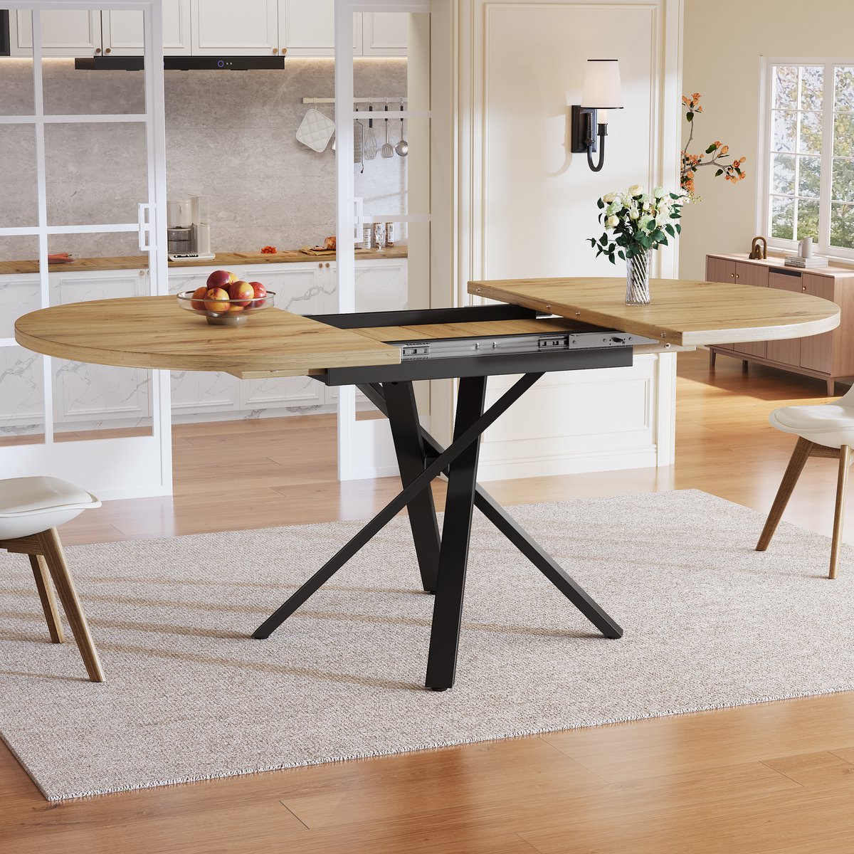HAUSS SPOLE Eettafel - Uitschuifbaar Rond Tot Ovaal - Voor Keuken En Eetkamer - MDF En Metaal - 100-140x100x75,5 Cm - Houtkleur