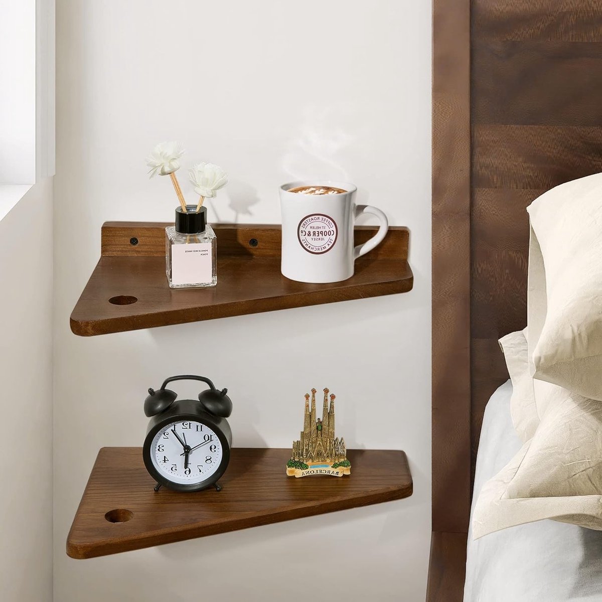 Houten Wandplank voor Bedzijde - Kleine Bruine Bedtafel voor Slaapkamer en Woonkamer, Floating Organizer met Opbergruimte en Kopjeshouder, Set van 2