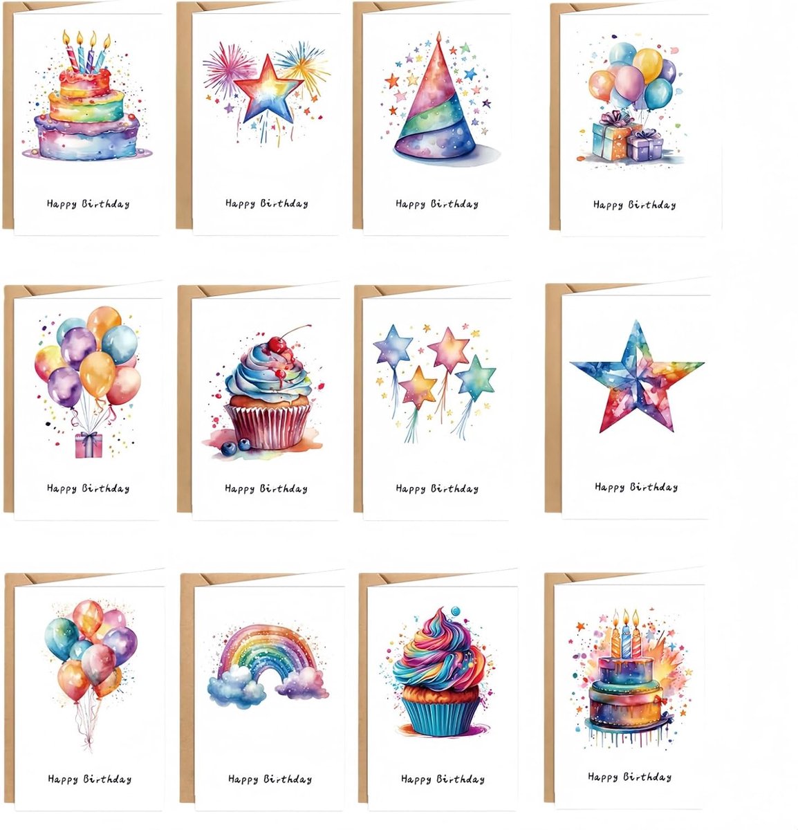 SnelShoppen - Verjaardagskaarten Set met Envelop, 24 Stuks, Waterverf Verjaardagskaarten, Gelukkige Verjaardag Kaarten voor Vrienden en Familie, Postk